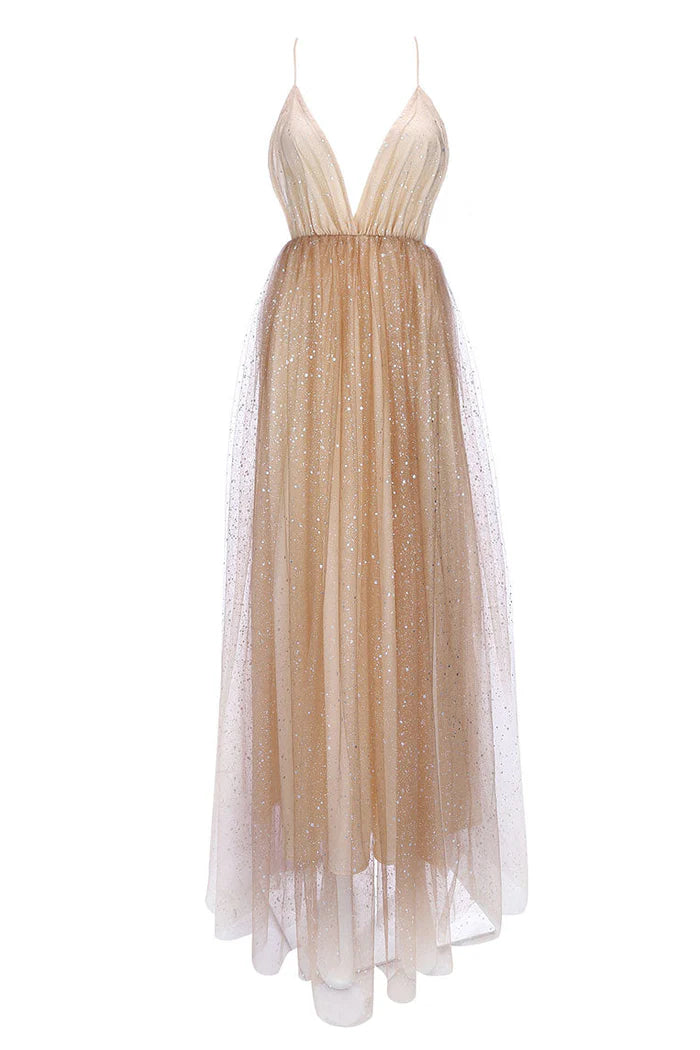 Weitese Dress Champagne Sparkly Plunging Deep V-neck Prom Dress With Sequins